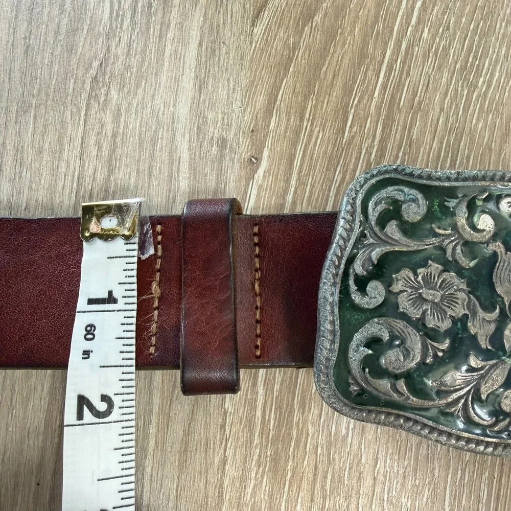 Vintage Women's Size M GAP Brown Leather Belt Floral Enamel Buckle Green Italy
